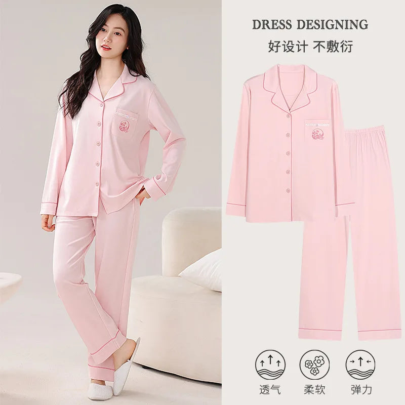 Women’s Pure Cotton Pajama Set – Solid Color with Mandarin Collar