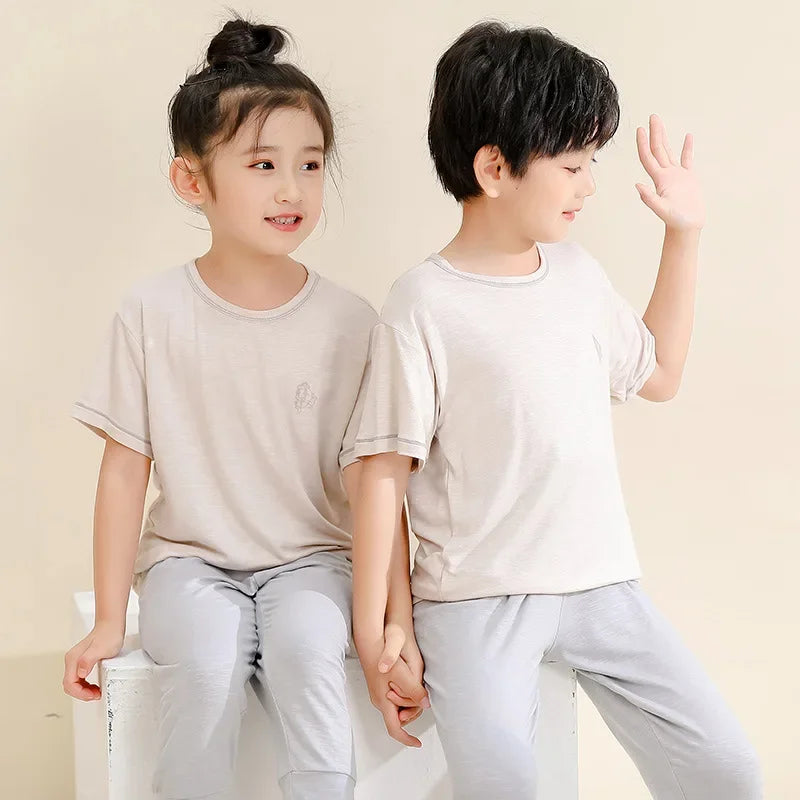 Little Cloud Bamboo Cotton Set – Kids' Short Sleeve Summer Pajamas (Beige)