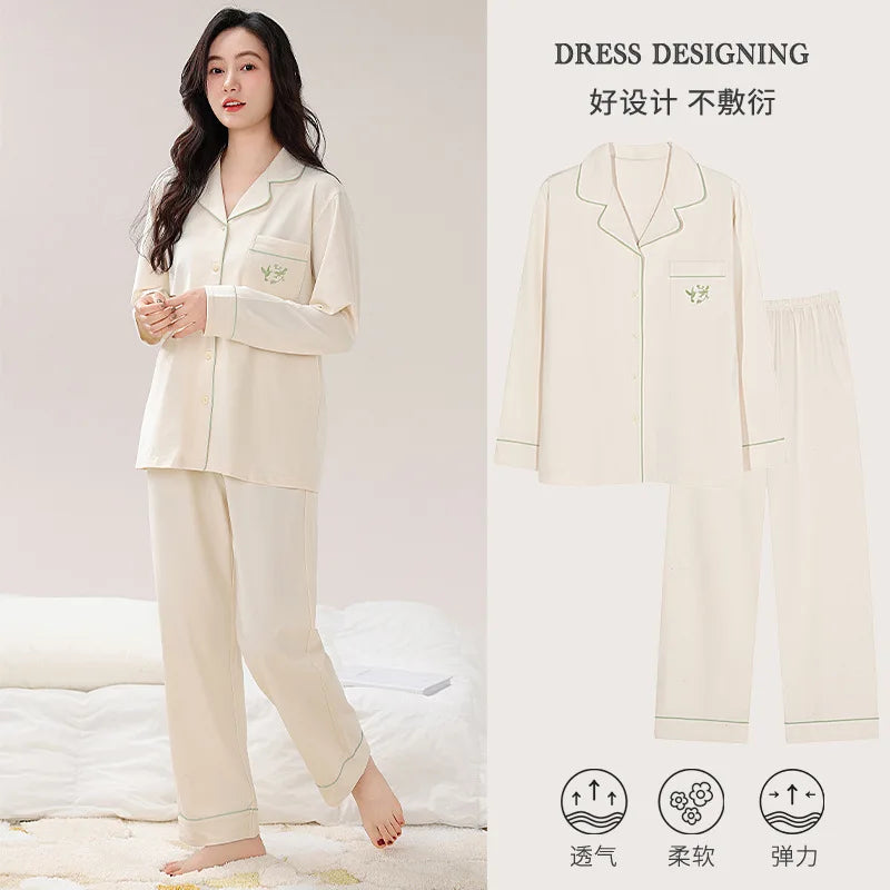 Women’s Pure Cotton Pajama Set – Solid Color with Mandarin Collar