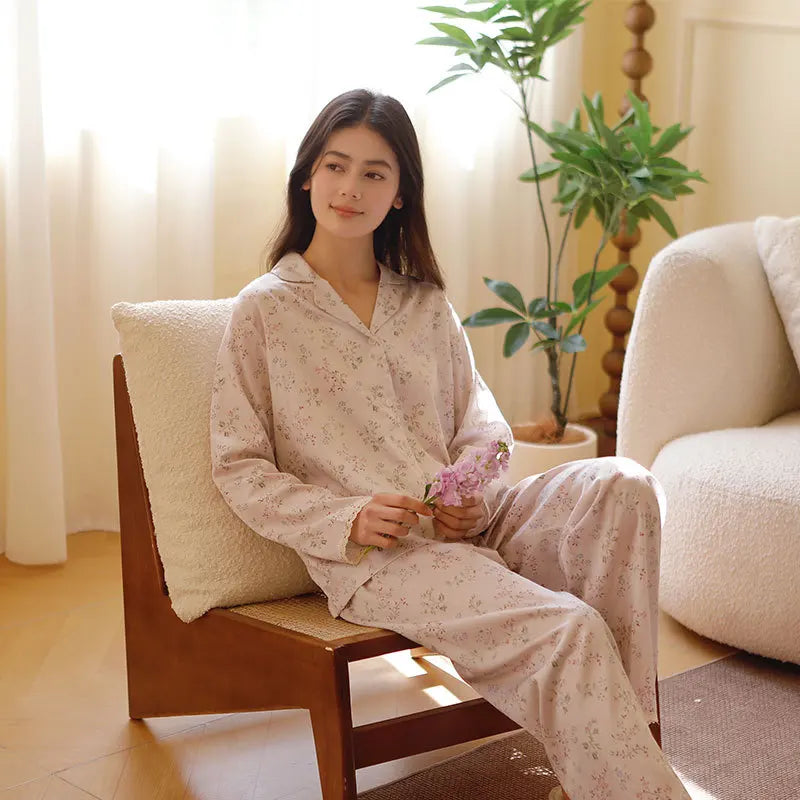 Floral Grace – Tencel Cotton Long Sleeve Pajama Set for Women