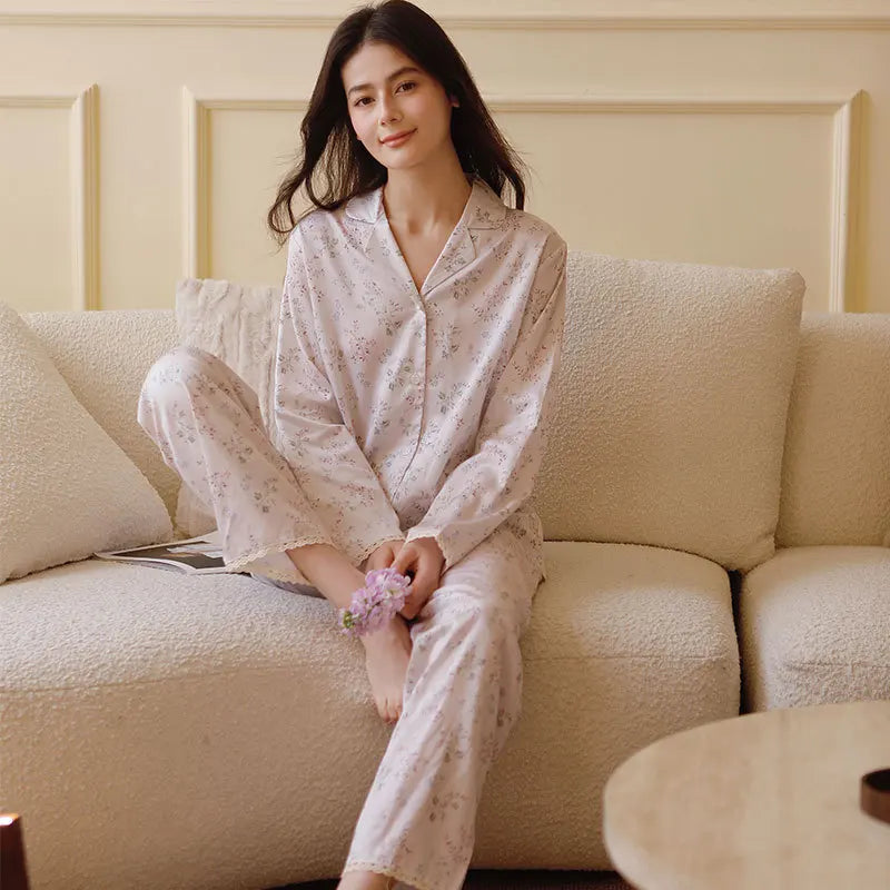 Floral Grace – Tencel Cotton Long Sleeve Pajama Set for Women