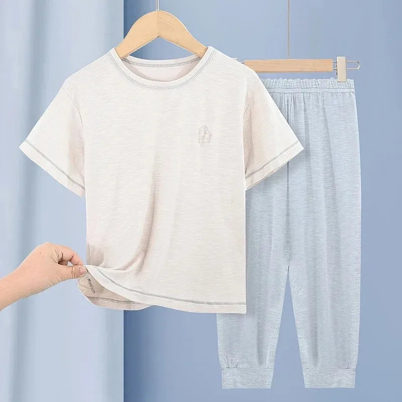 Little Cloud Bamboo Cotton Set – Kids' Short Sleeve Summer Pajamas (Beige)