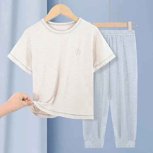 Little Cloud Bamboo Cotton Set – Kids' Short Sleeve Summer Pajamas (Beige)